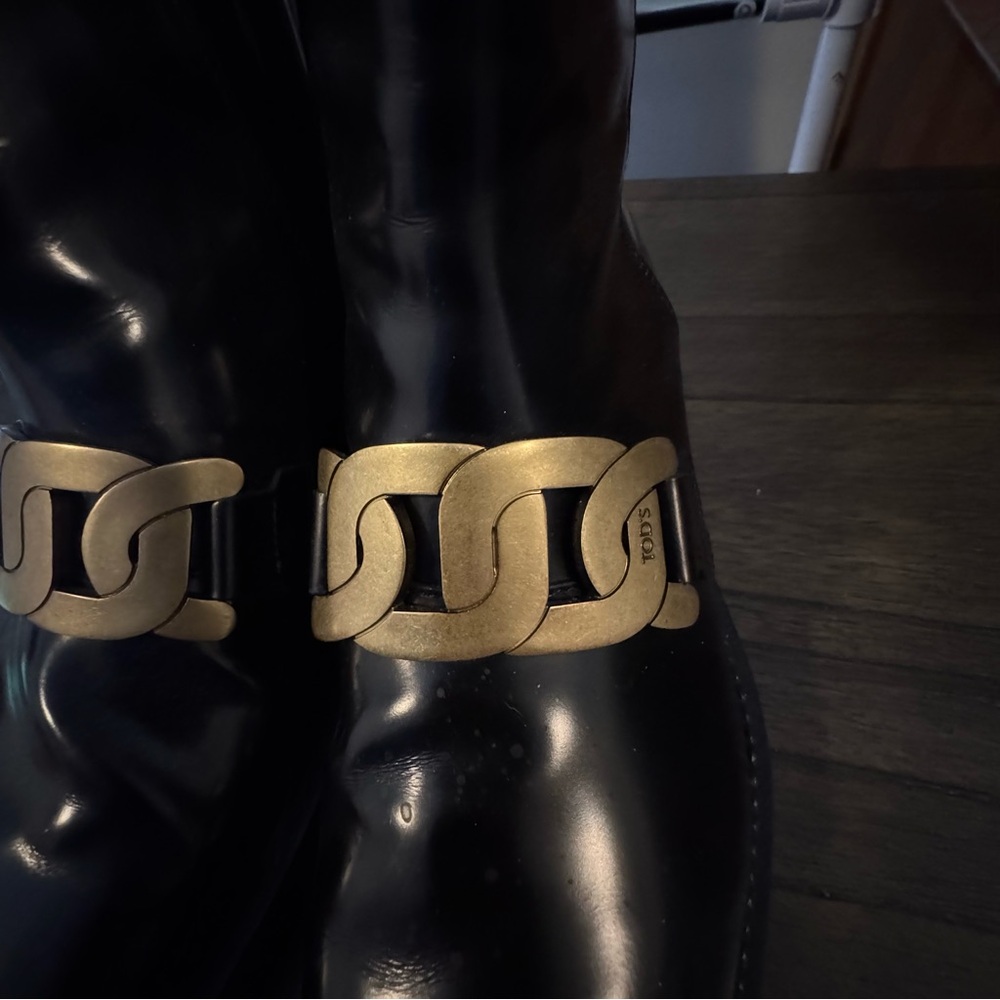 Black patent Leather Boots with Gold Chain Accent designer inspired - Picture 2 of 6